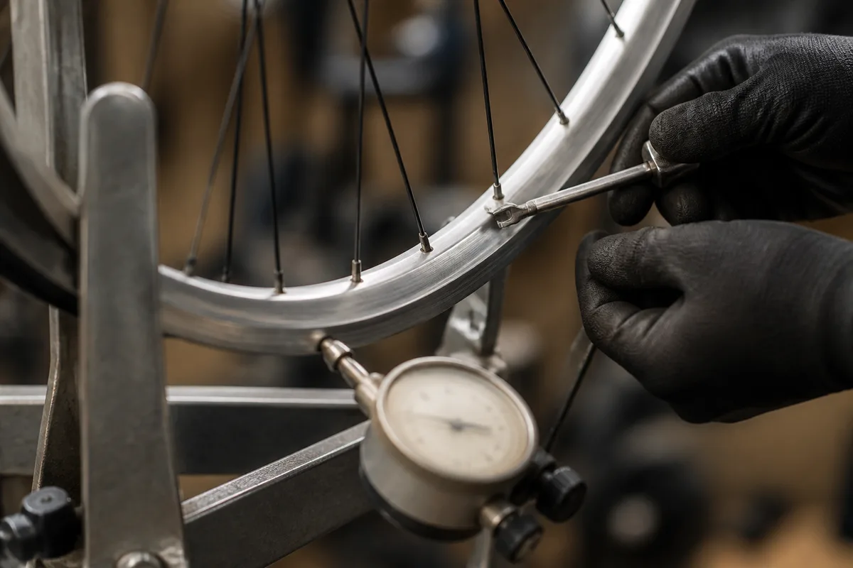 Roue de vélo en cours de dévoilage sur un comparateur d’atelier