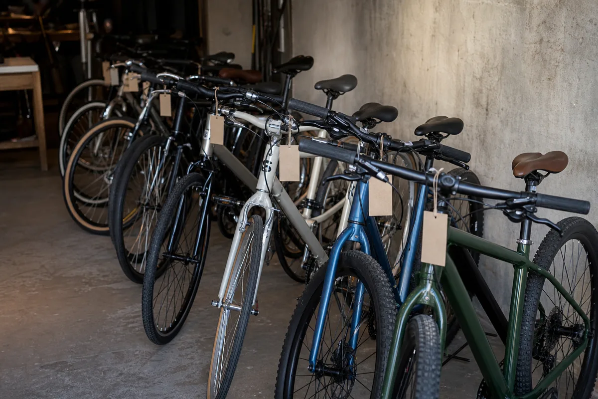 Vélos en attente de réparation dans un atelier, étiquetés et alignés
