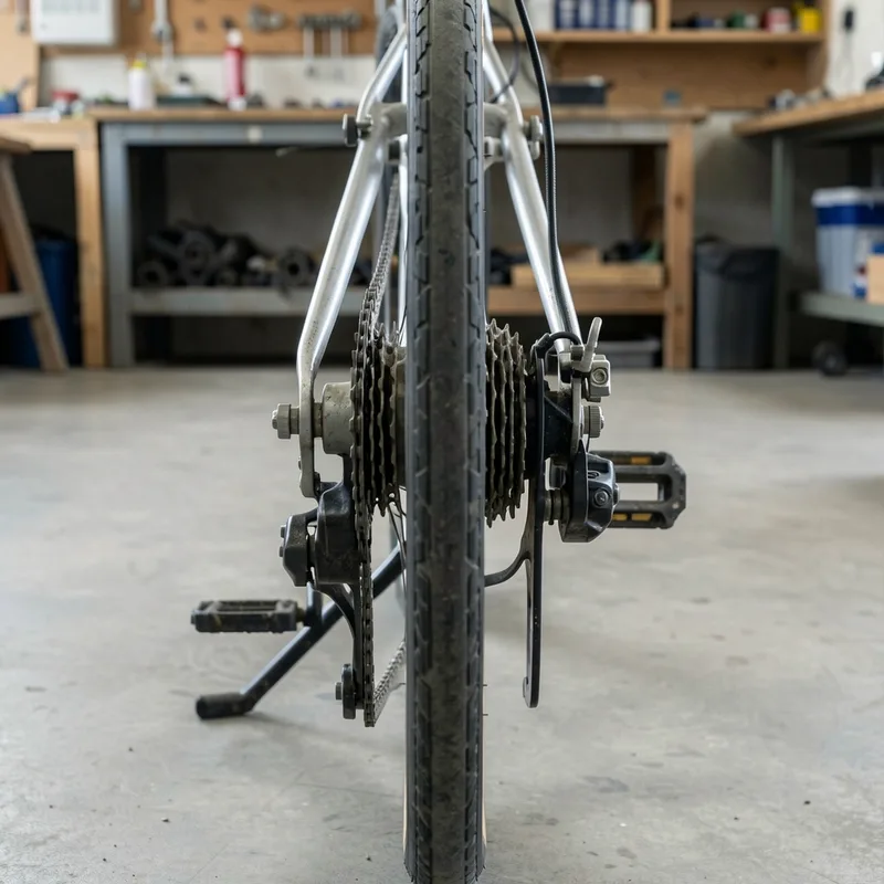 Dérailleur arrière et cassette vus de l&rsquo;arrière du vélo, chape alignée dans le plan des pignons