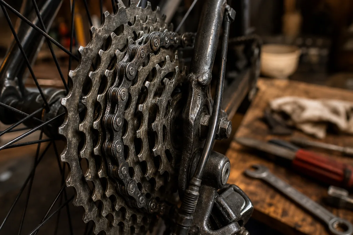 Cassette et chaîne d&rsquo;un vélo d&rsquo;occasion vues de très près, dents visibles
