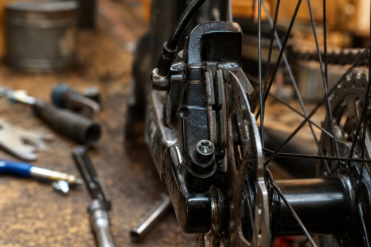 Frein à disque de vélo vu de près, plaquette et étrier alignés sur le disque