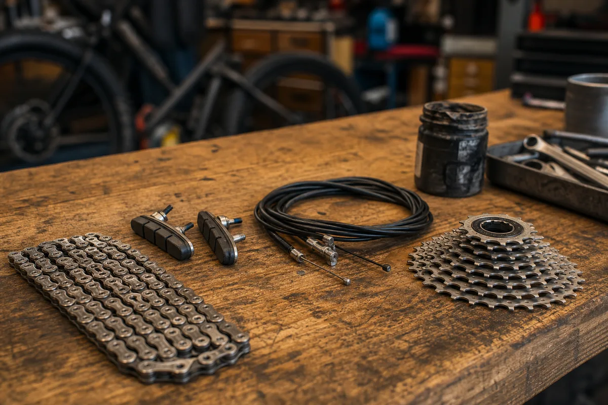 Établi de mécanique avec des pièces de vélo neuves alignées : chaîne, plaquettes, câbles et cassette