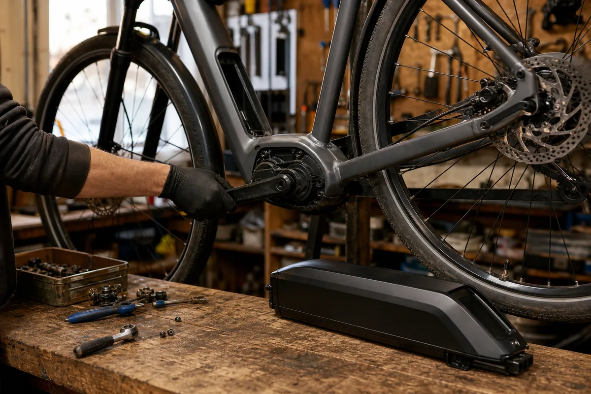 Vélo à assistance électrique en cours d&rsquo;entretien, batterie posée à côté du cadre