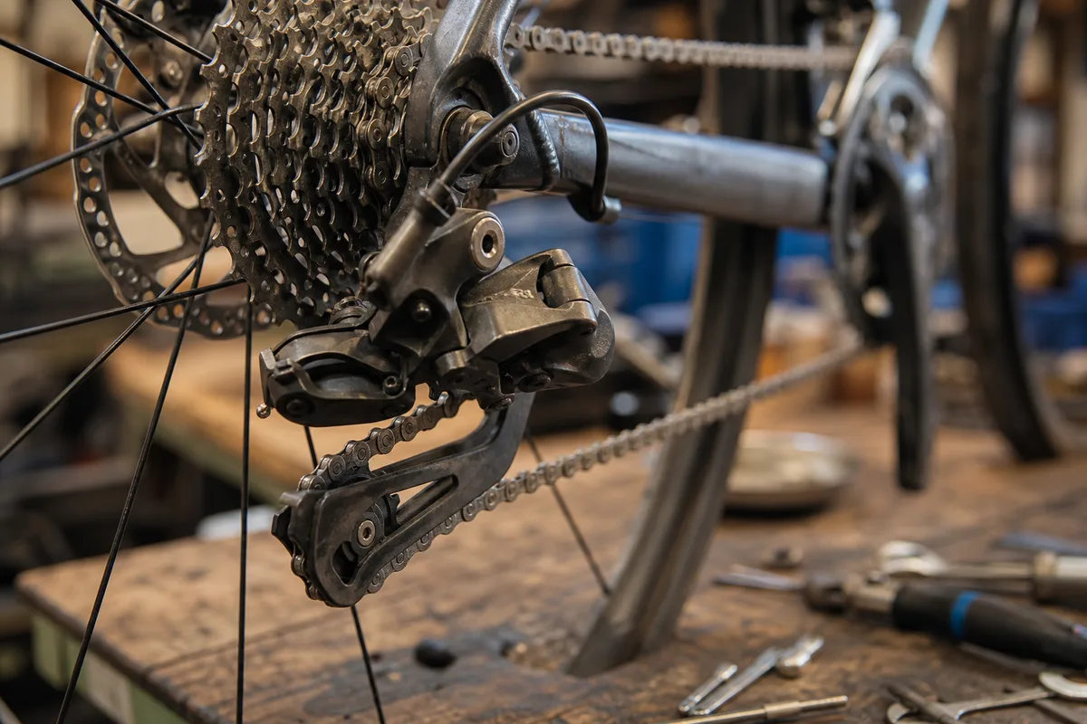 Dérailleur arrière de vélo vu de près, chaîne engagée sur les pignons de la cassette