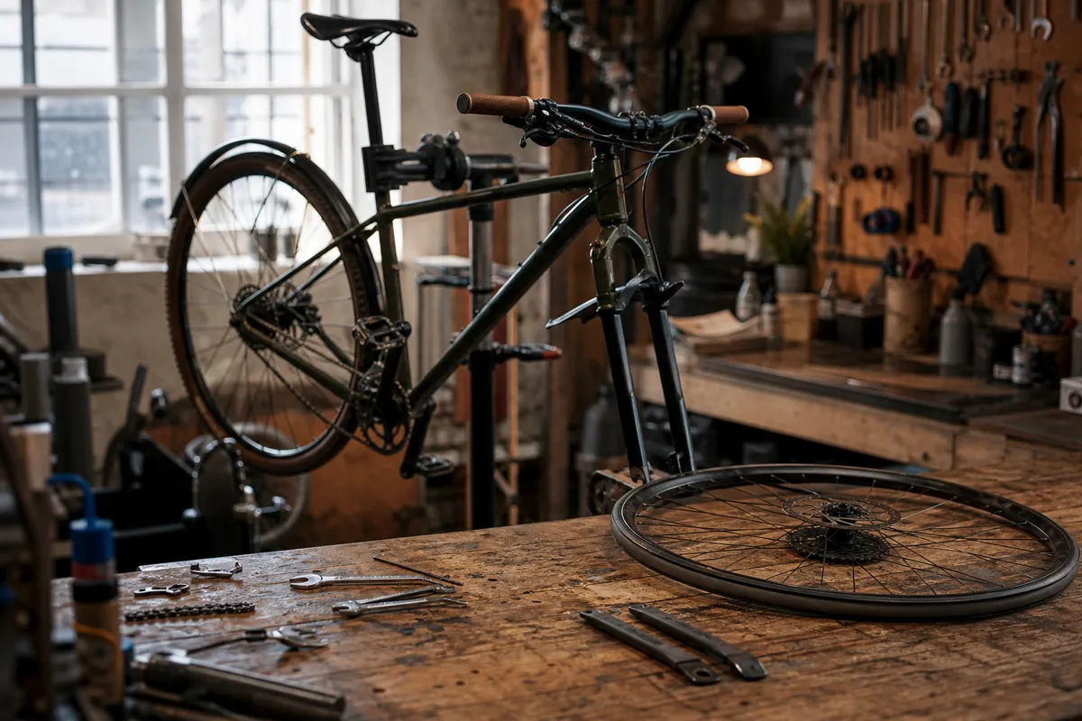 Vélo retourné sur sa selle et son guidon, roue arrière démontée, clés plates et démonte-pneus posés au sol