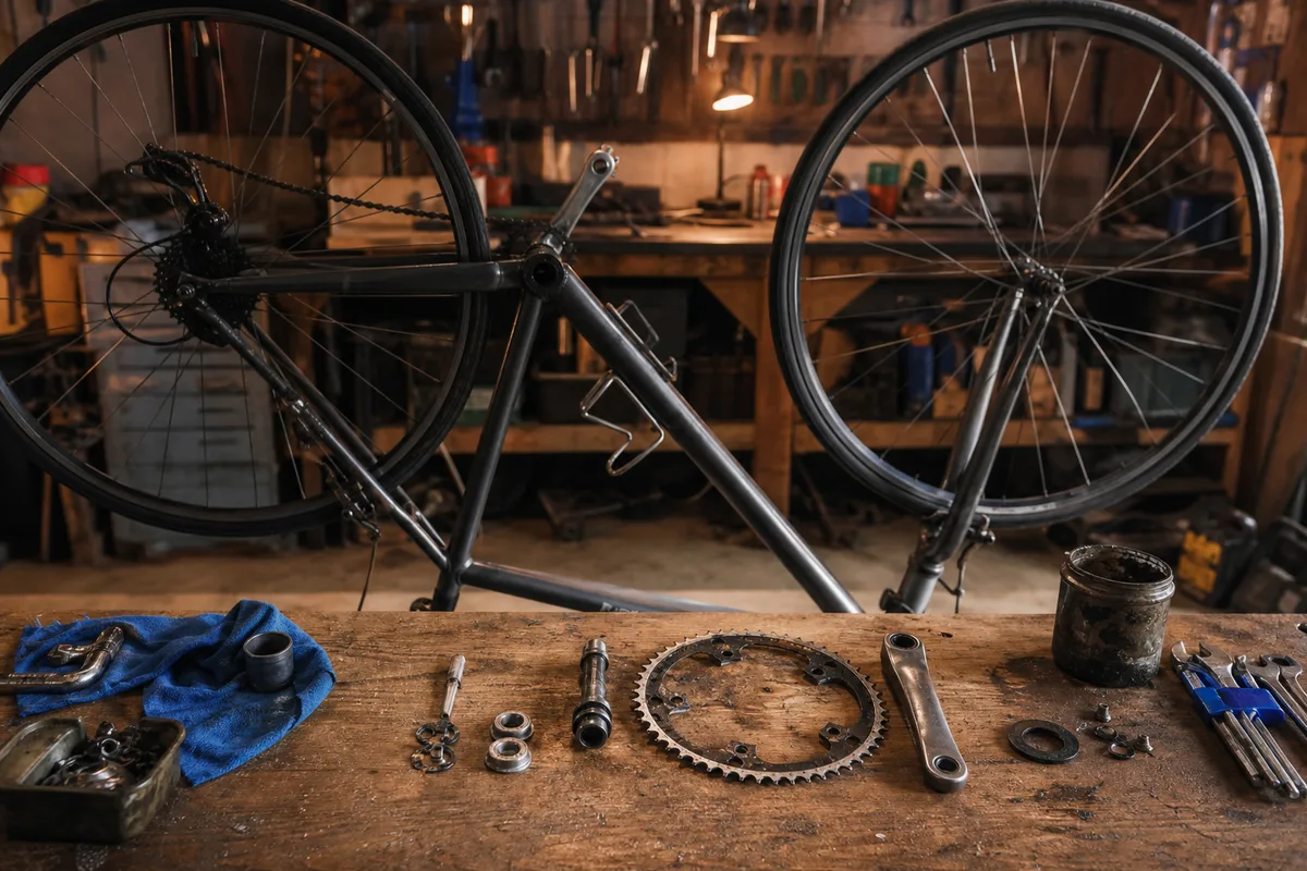 Vélo retourné dans un garage, pédalier démonté et pièces alignées sur un établi