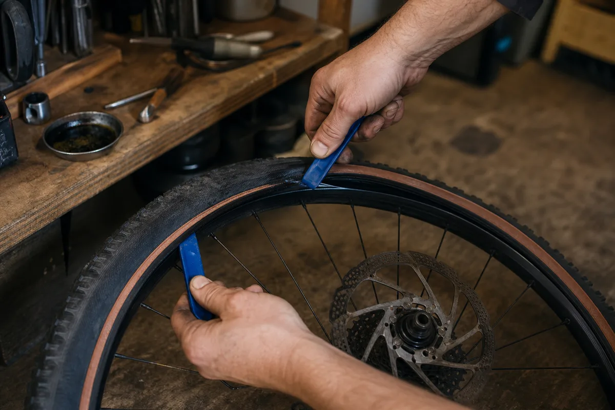 Mains démontant un pneu de vélo avec deux démonte-pneus en plastique, roue posée au sol