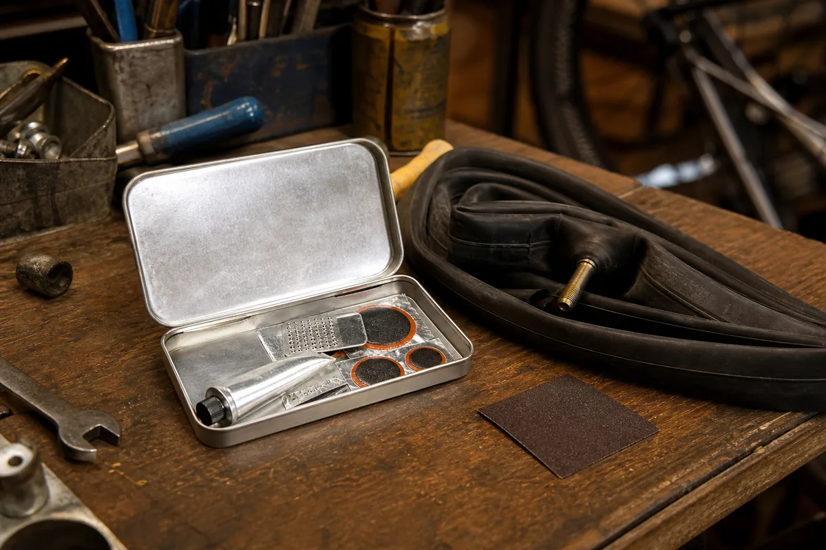 Kit de rustines ouvert sur une table en bois, chambre à air à côté et papier abrasif