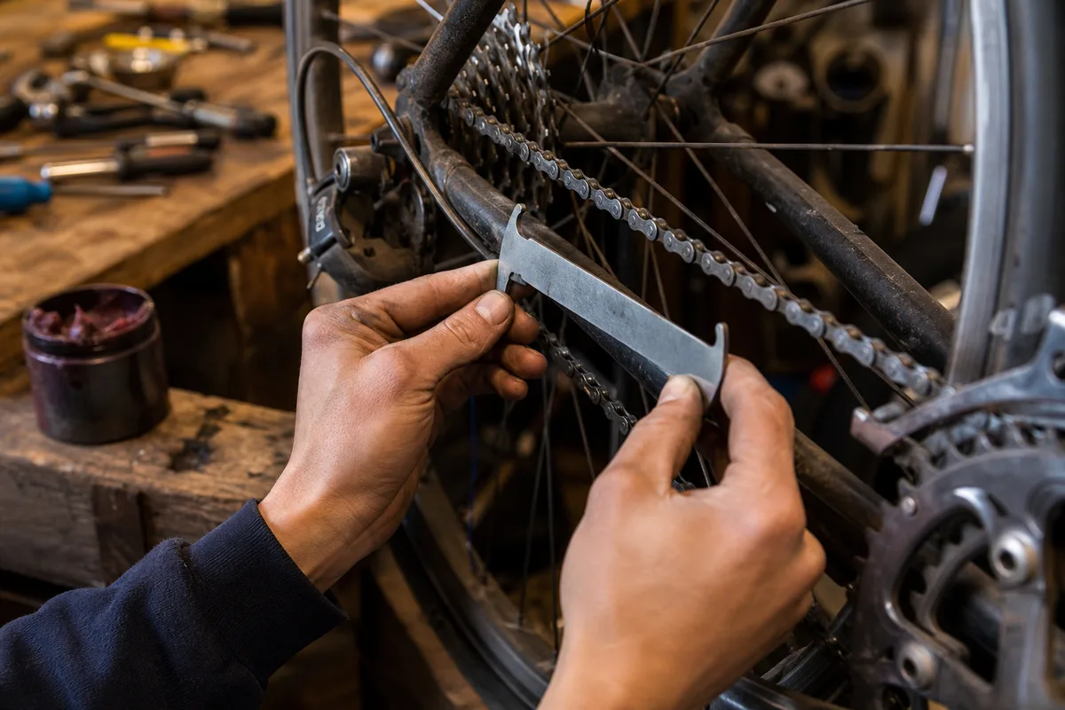 Mains tenant une jauge d&rsquo;usure posée sur la chaîne d&rsquo;un vélo d&rsquo;occasion
