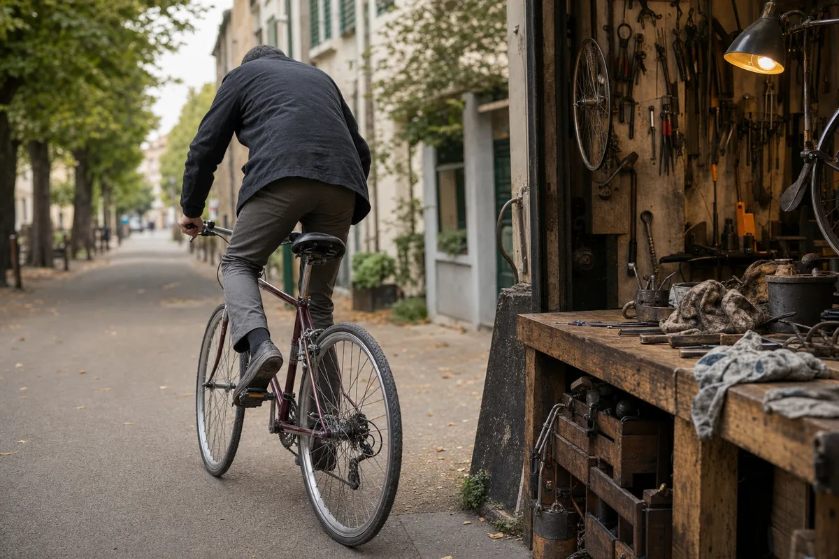 Cycliste essayant un vélo d&rsquo;occasion dans une rue calme bordée d&rsquo;arbres