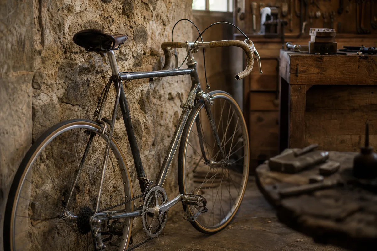 Vélo de route ancien en acier posé contre un mur de pierre, guidoline patinée