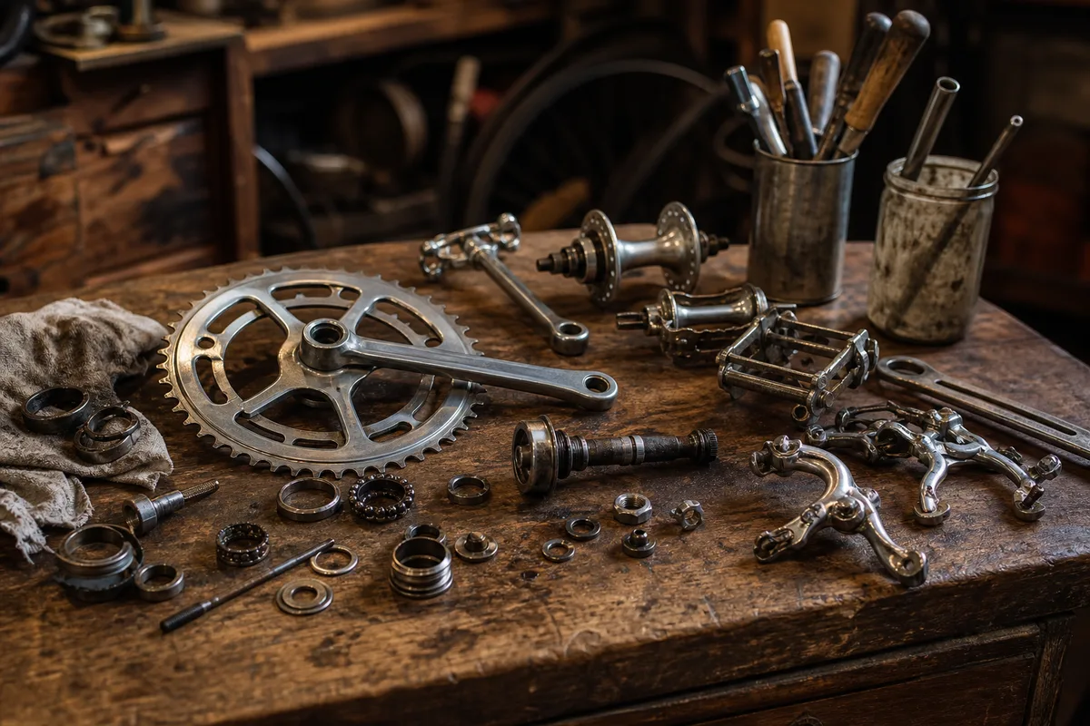 Établi de restauration avec des pièces de vélo anciennes démontées et nettoyées