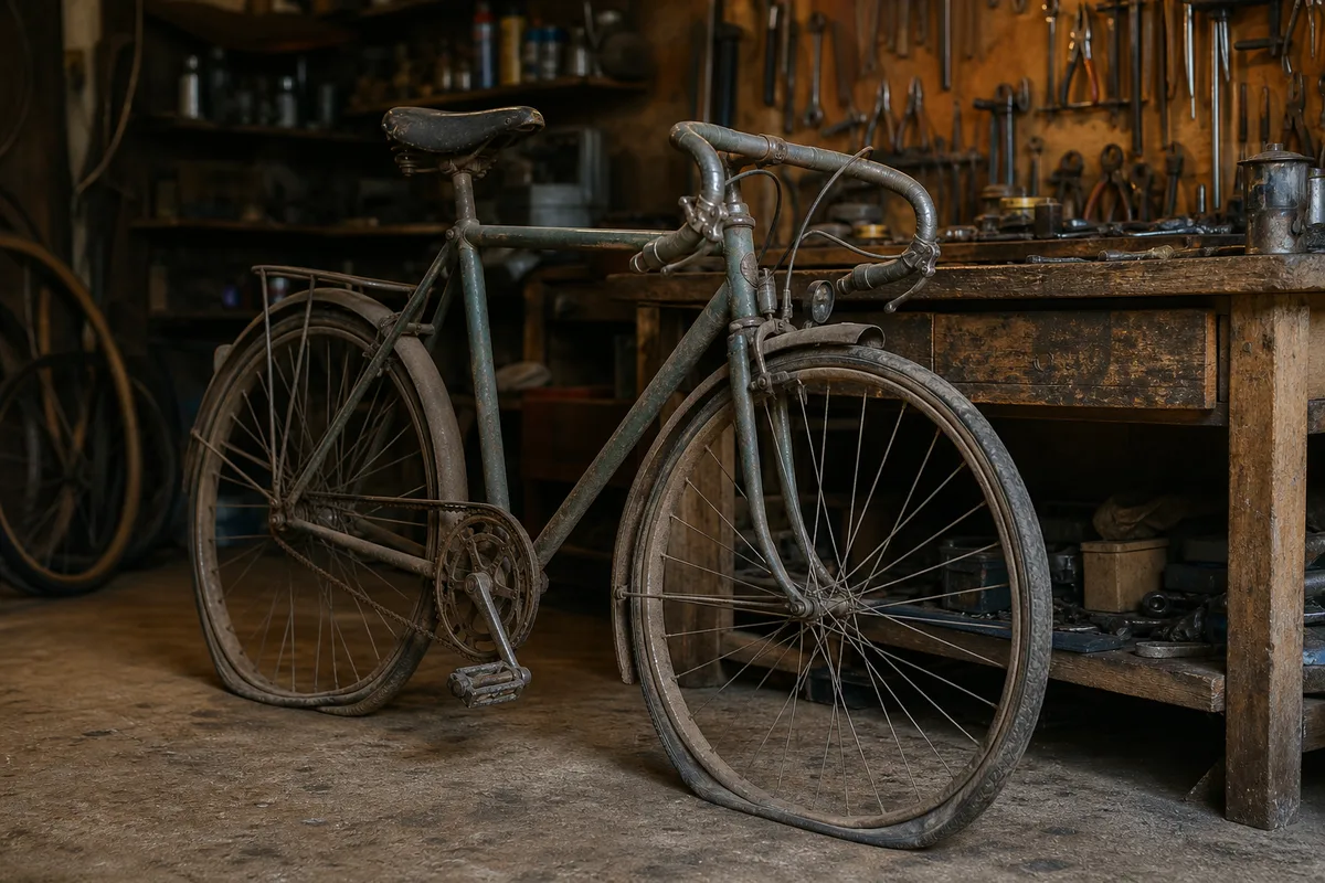 Vieux vélo en acier couvert de poussière sorti d&rsquo;un garage, roues dégonflées