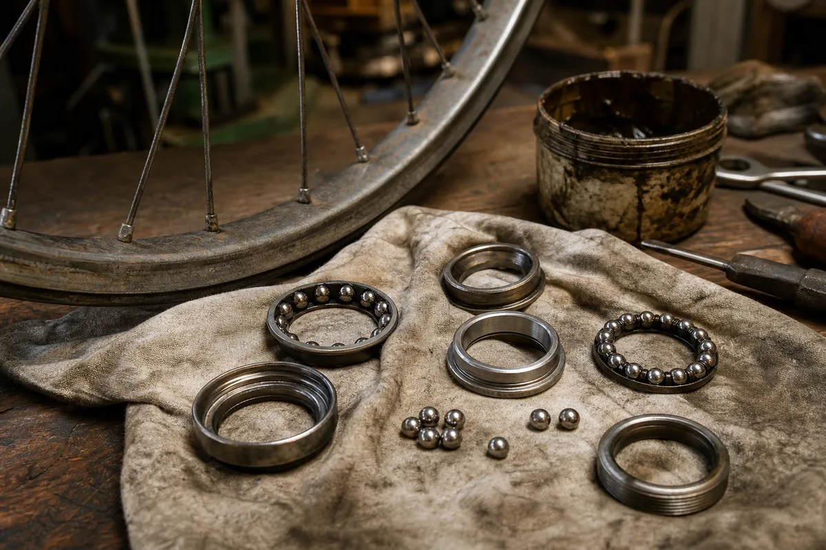 Roue de vélo ancienne et pièces de roulement nettoyées, billes et cuvettes posées sur un chiffon